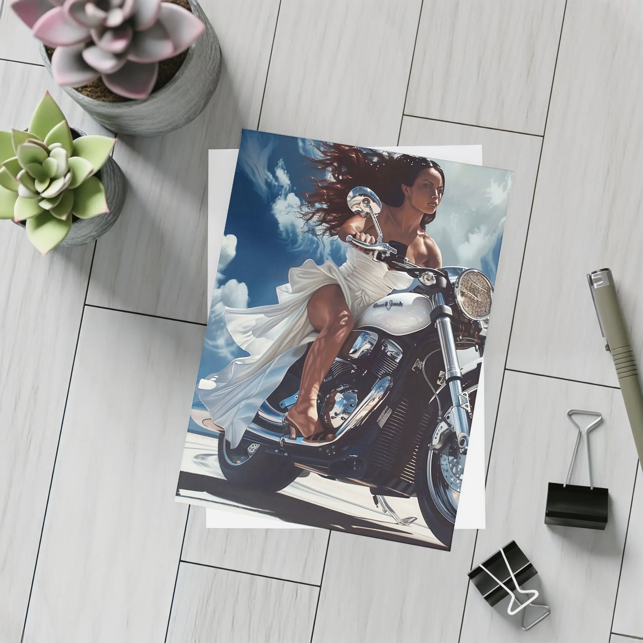 Woman Riding Cruiser Motorcycle Blue Sky – Postcards