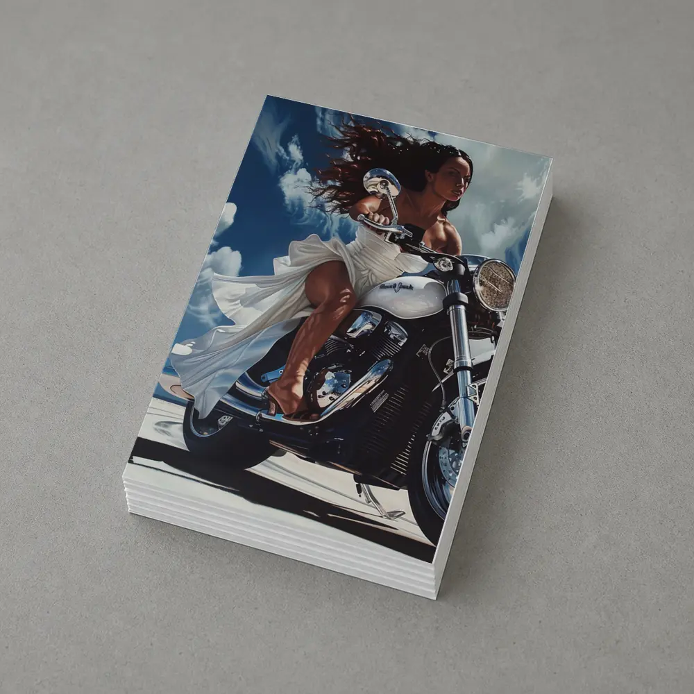 Woman Riding Cruiser Motorcycle Blue Sky – Postcards