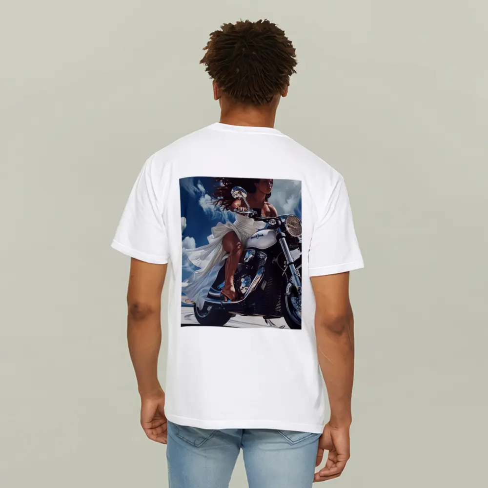 Woman Riding Cruiser Motorcycle Blue Sky – T-Shirts