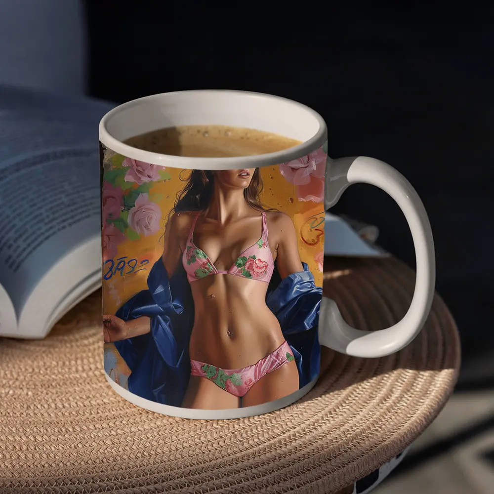 Woman in Pink Floral Bikini Graffiti Background – Mugs