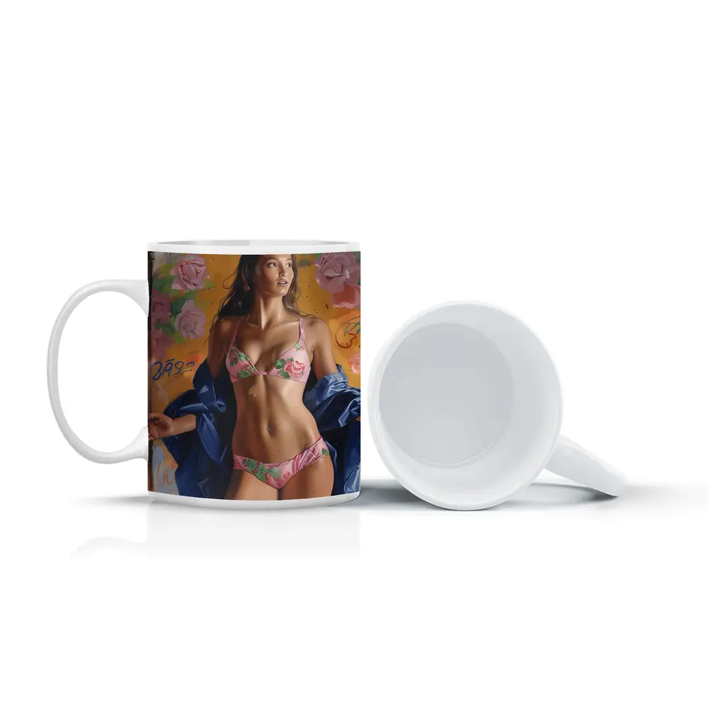 Woman in Pink Floral Bikini Graffiti Background – Mugs
