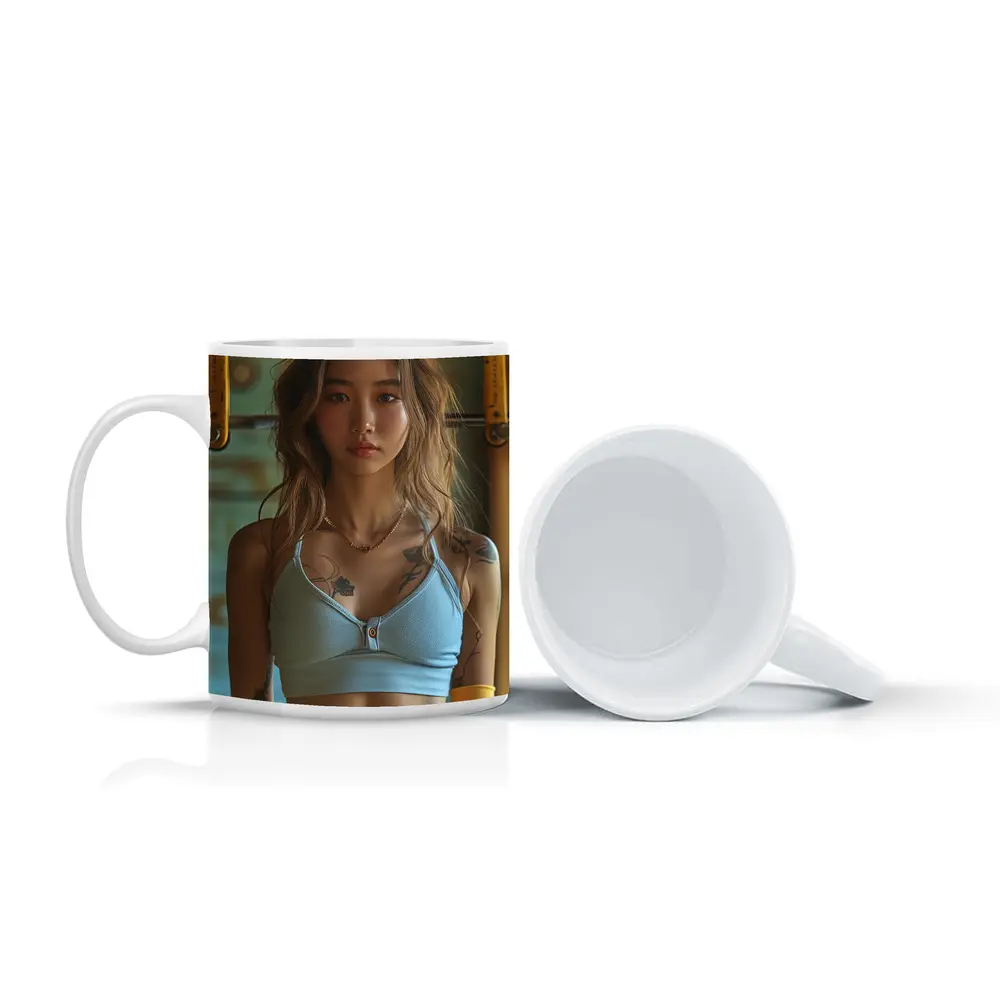 Tattooed Asian Woman Gym Fitness Portrait – Mugs
