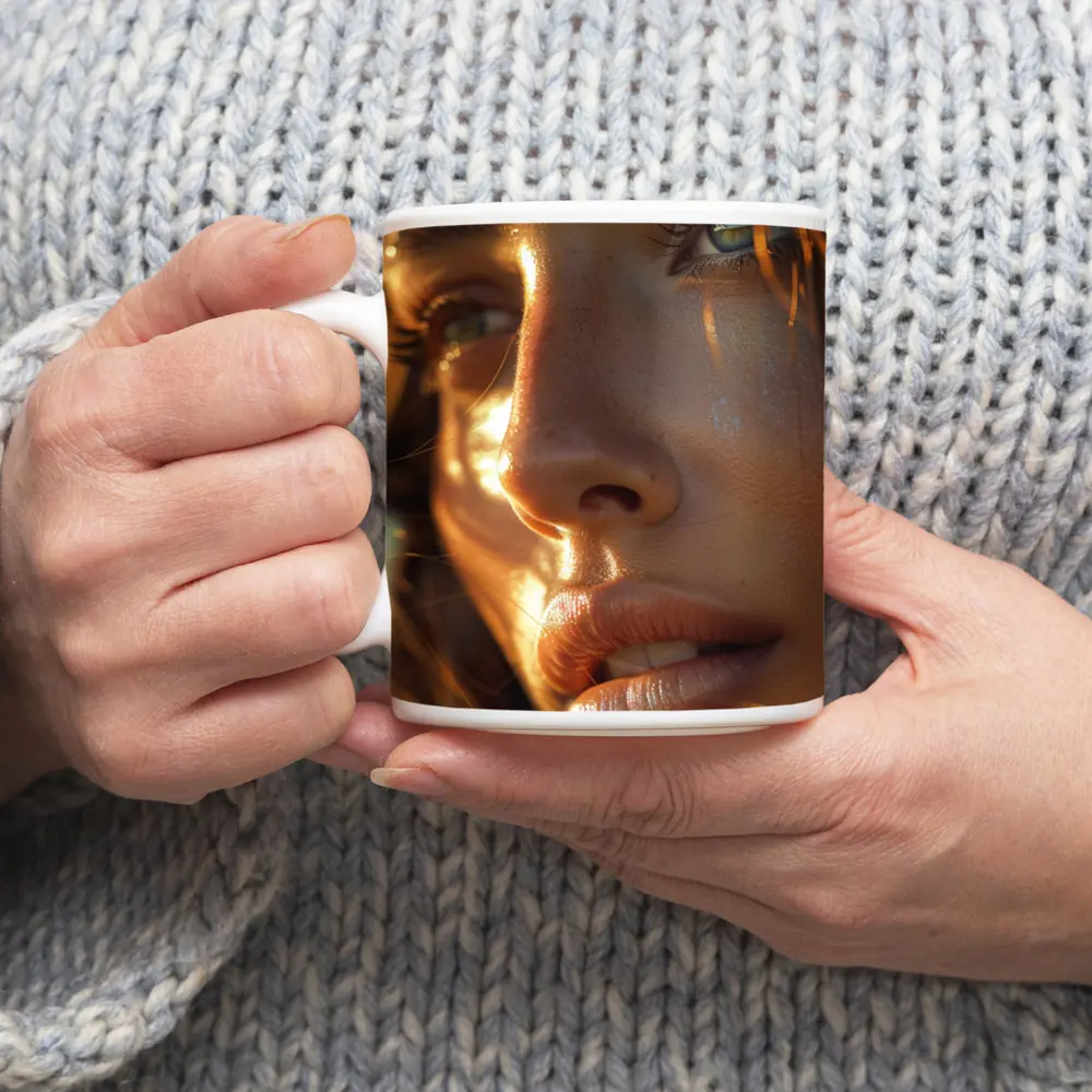Close Up Woman Portrait Warm Golden Light – Mugs