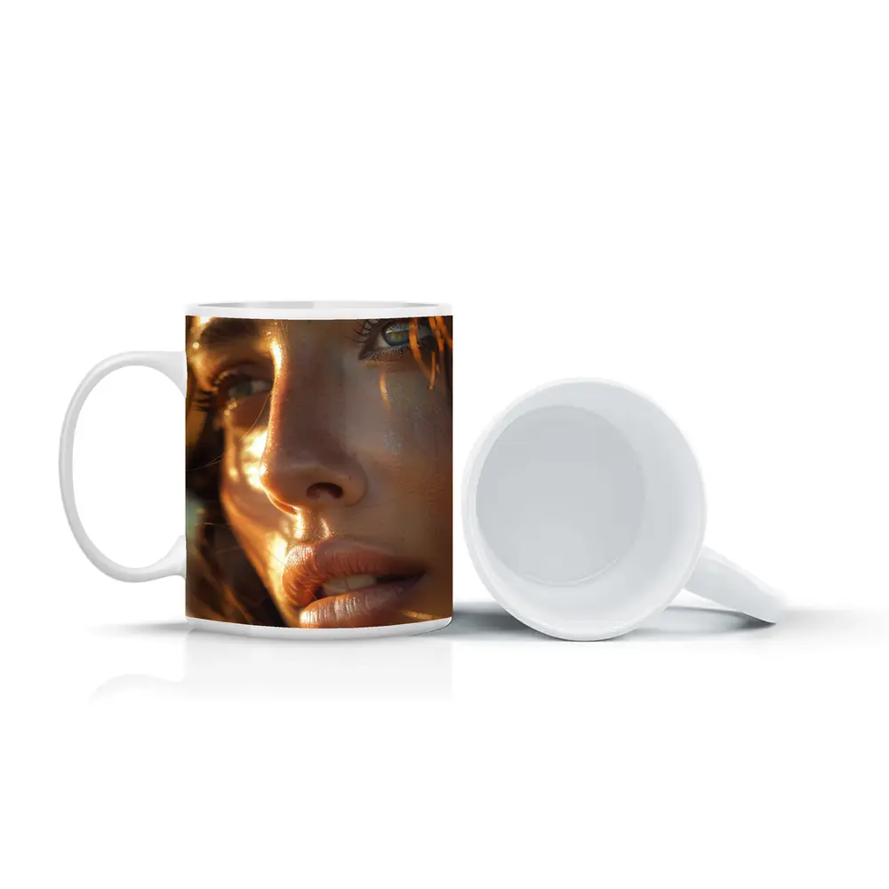 Close Up Woman Portrait Warm Golden Light – Mugs