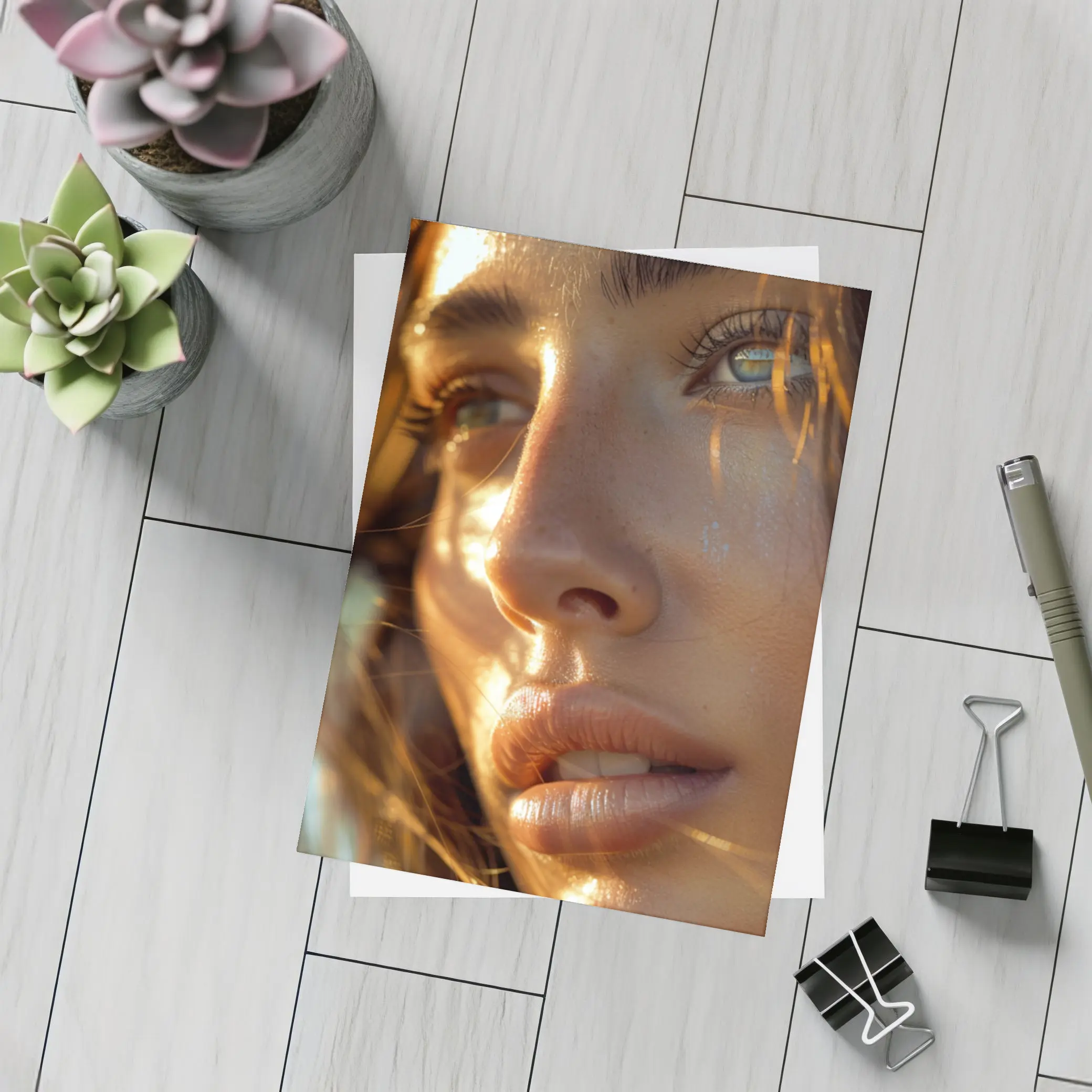 Close Up Woman Portrait Warm Golden Light – Postcards