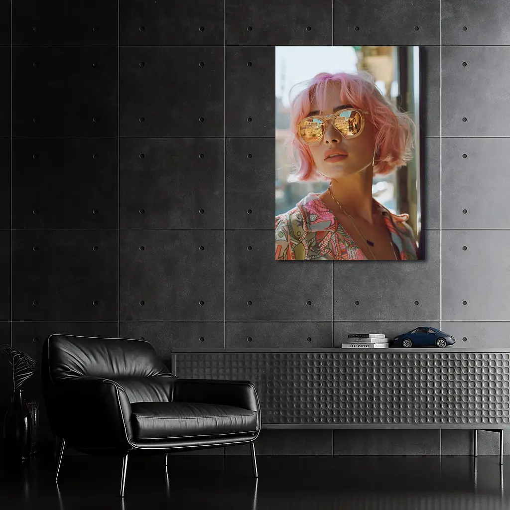 Pink Hair Woman Mirrored Sunglasses Urban Street – Wall Art