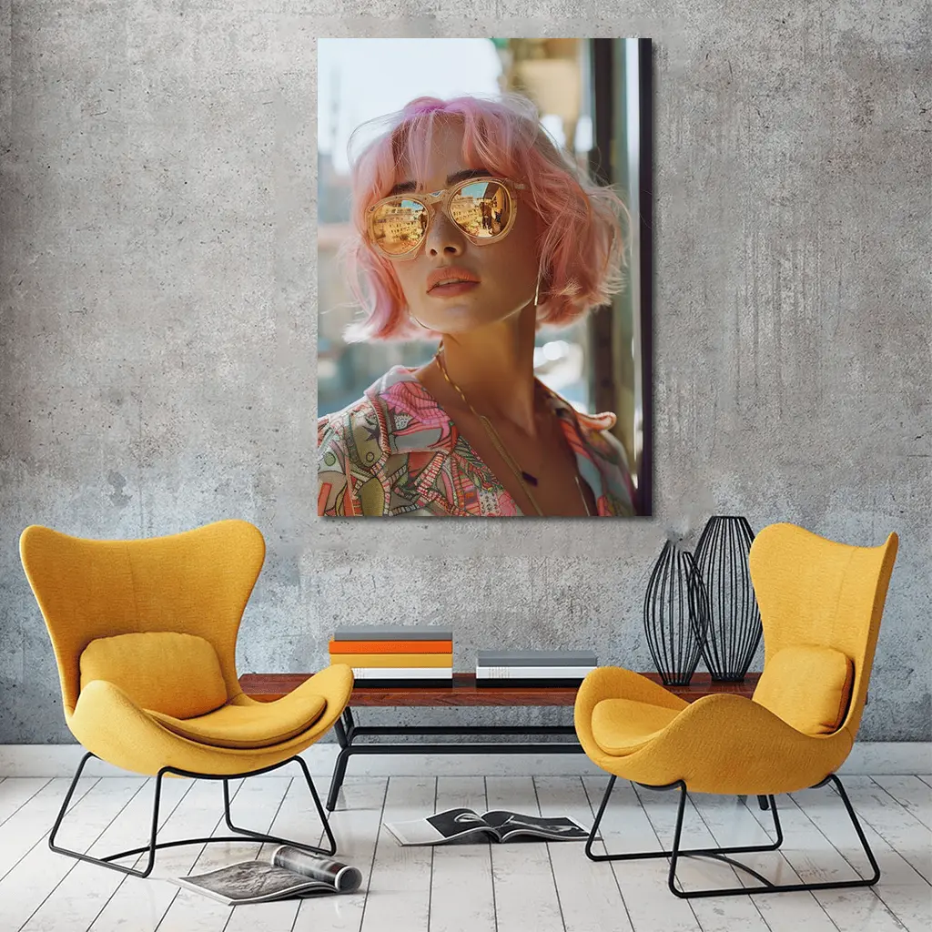 Pink Hair Woman Mirrored Sunglasses Urban Street – Wall Art