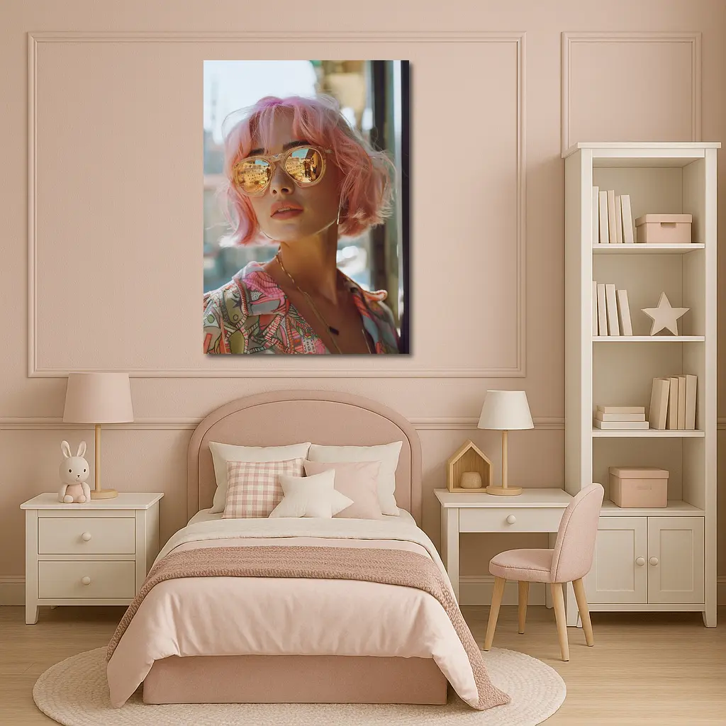 Pink Hair Woman Mirrored Sunglasses Urban Street – Wall Art
