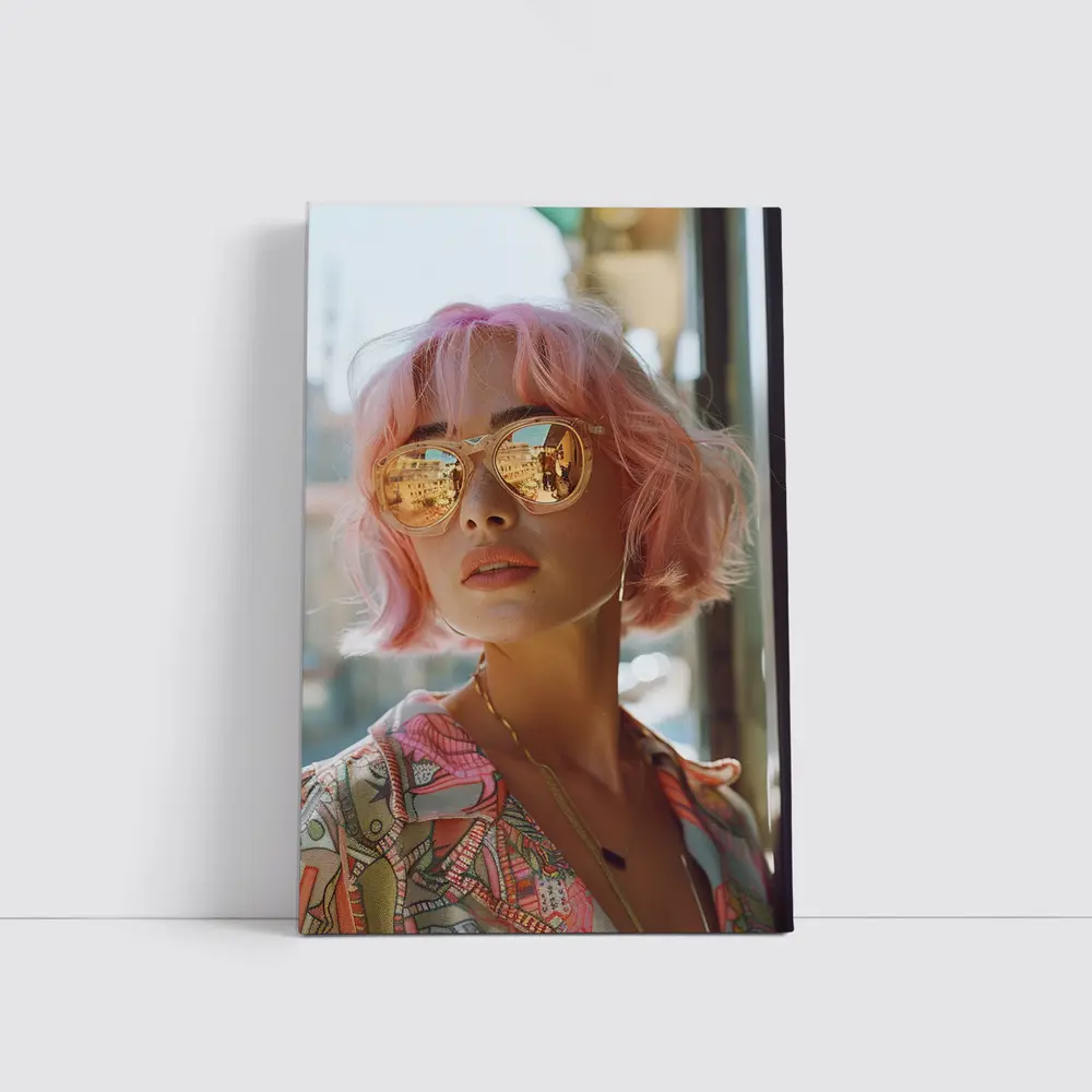 Pink Hair Woman Mirrored Sunglasses Urban Street – Wall Art