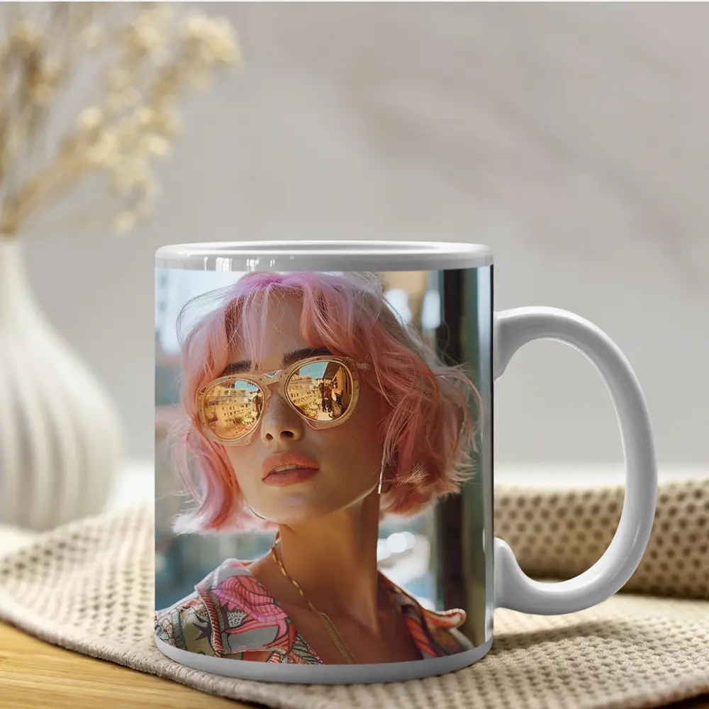Pink Hair Woman Mirrored Sunglasses Urban Street – Mugs