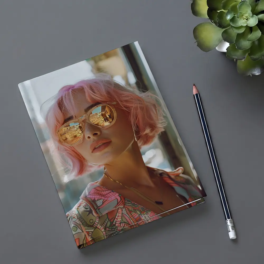 Pink Hair Woman Mirrored Sunglasses Urban Street – Notebooks