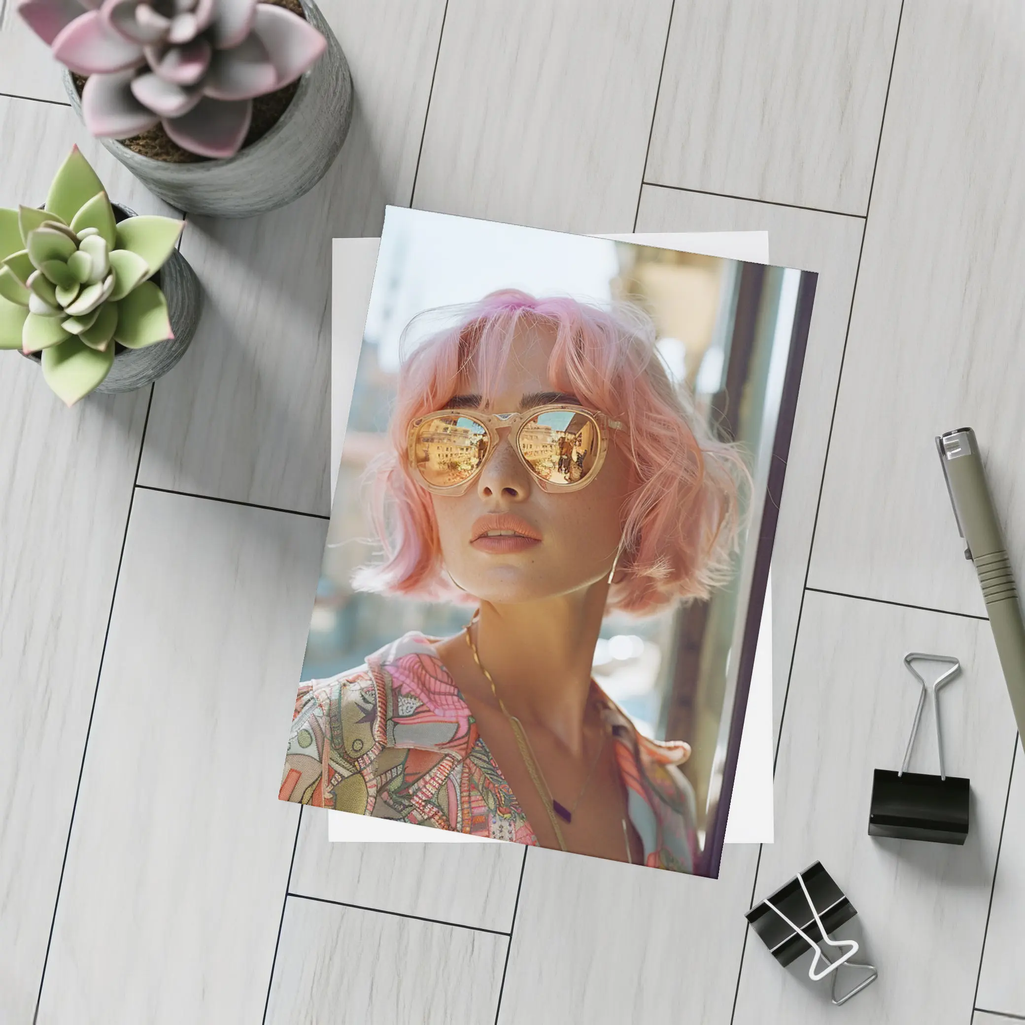 Pink Hair Woman Mirrored Sunglasses Urban Street – Postcards