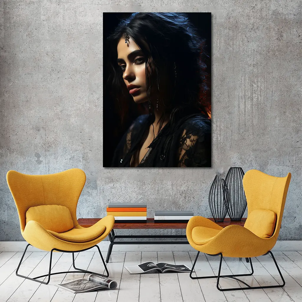 Dark Mysterious Woman Black Lace Gothic Portrait – Wall Art