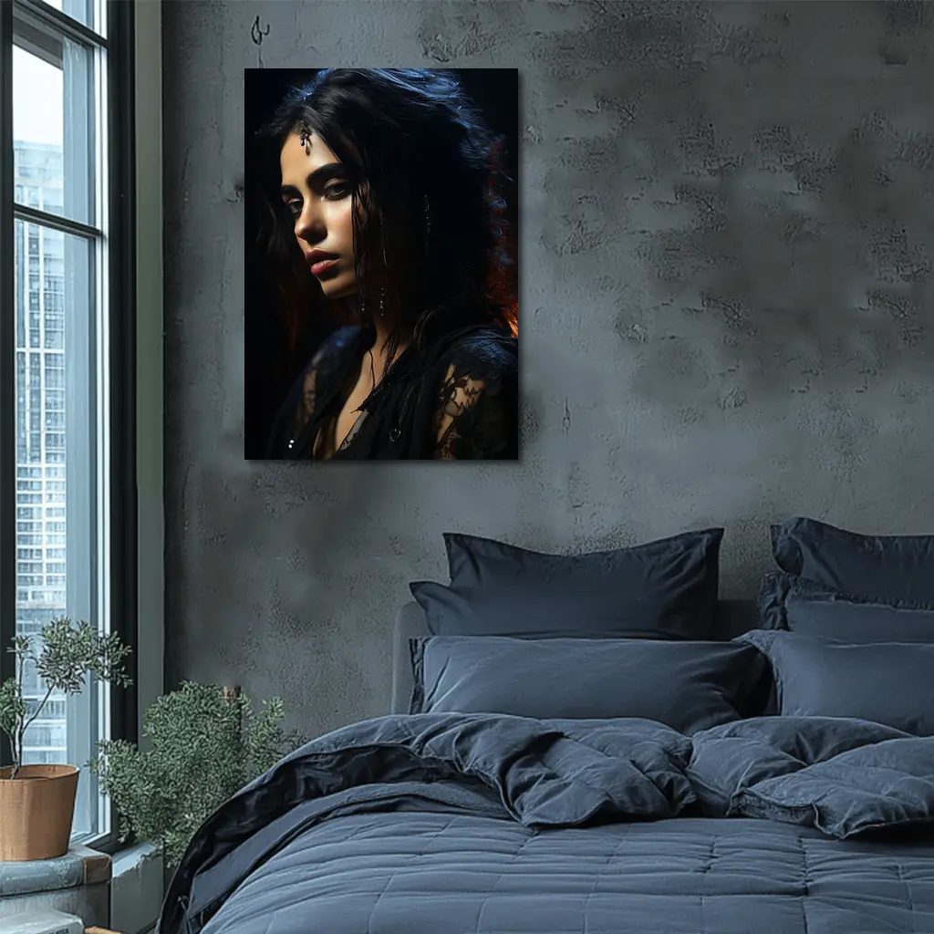 Dark Mysterious Woman Black Lace Gothic Portrait – Wall Art