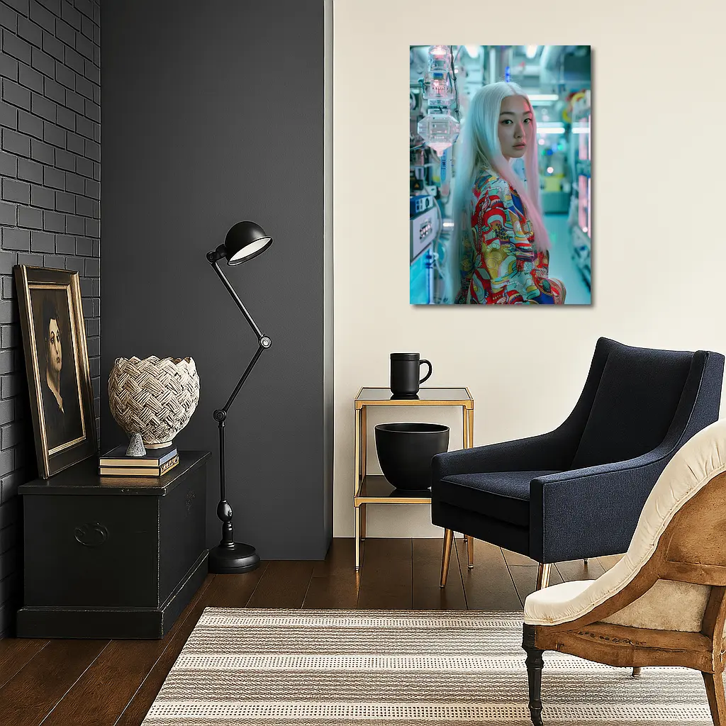 Asian Woman White Hair Cyberpunk Lab Setting – Wall Art