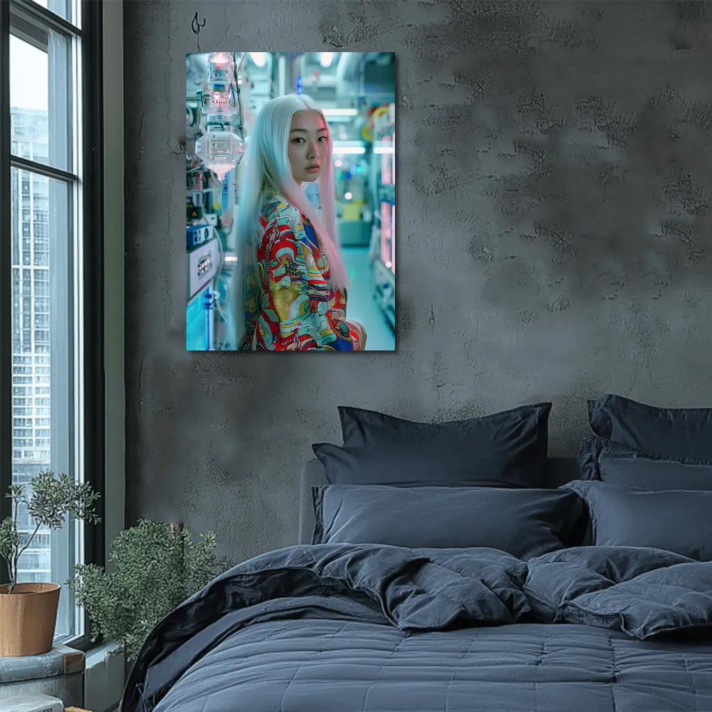 Asian Woman White Hair Cyberpunk Lab Setting – Wall Art