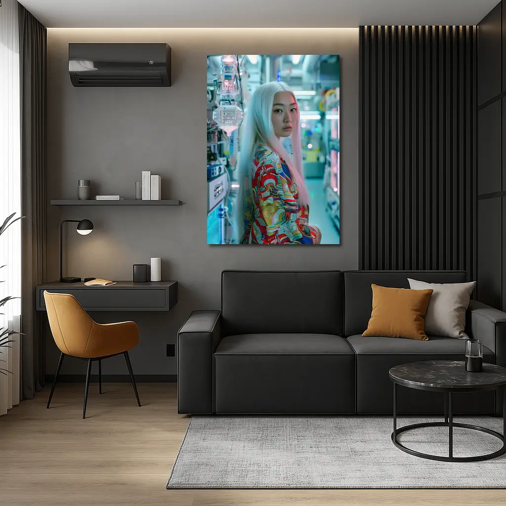 Asian Woman White Hair Cyberpunk Lab Setting – Wall Art