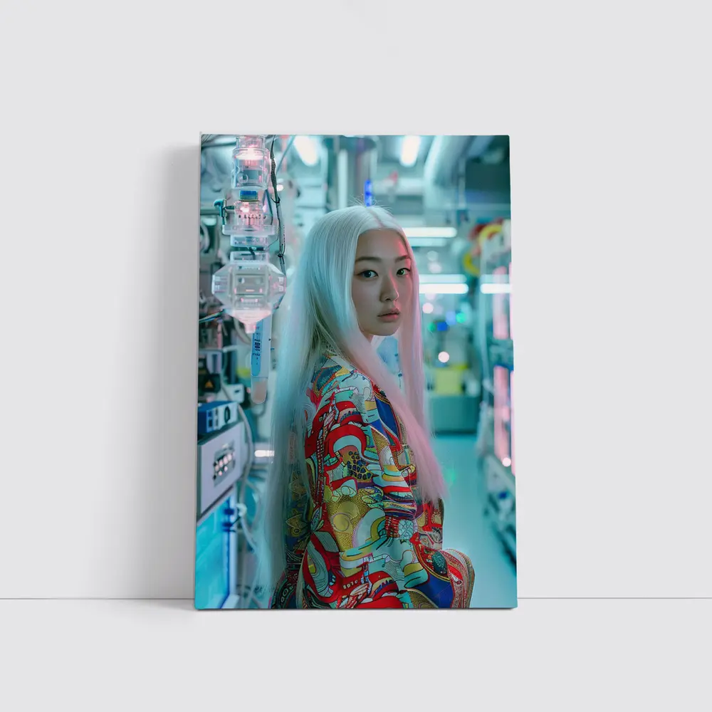 Asian Woman White Hair Cyberpunk Lab Setting – Wall Art