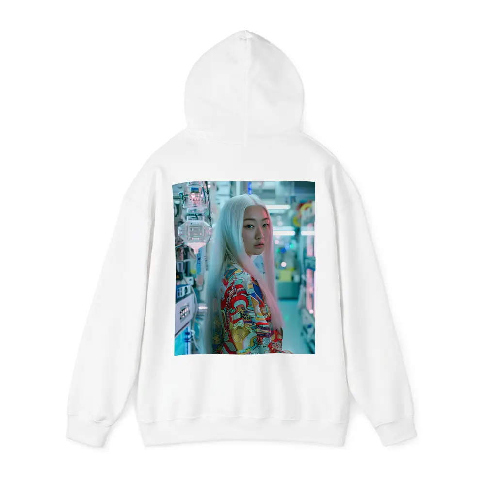 Asian Woman White Hair Cyberpunk Lab Setting – Hoodies