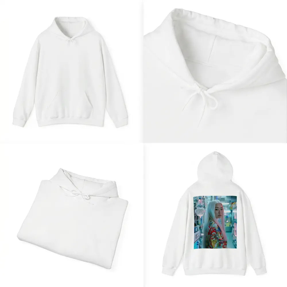 Asian Woman White Hair Cyberpunk Lab Setting – Hoodies