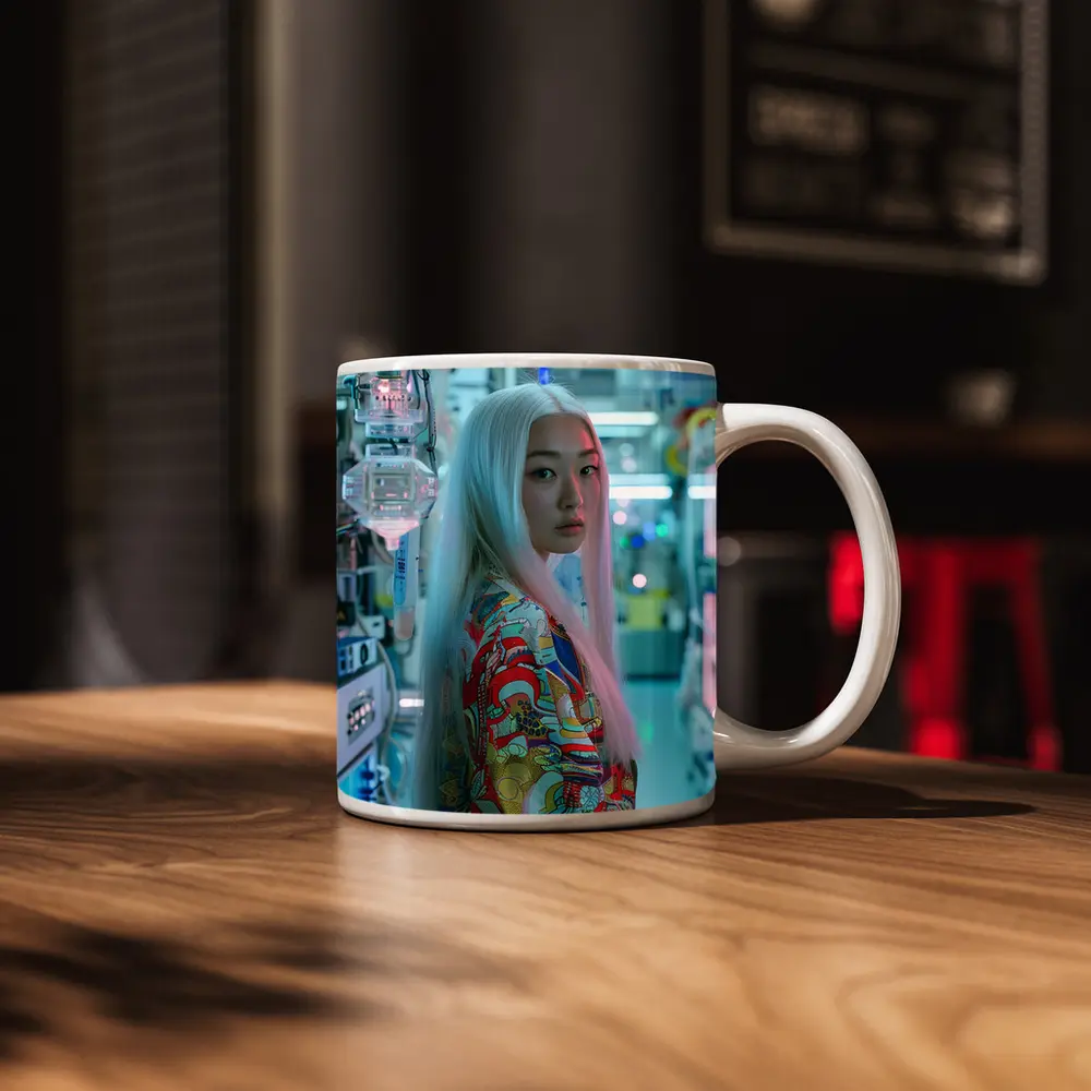 Asian Woman White Hair Cyberpunk Lab Setting – Mugs