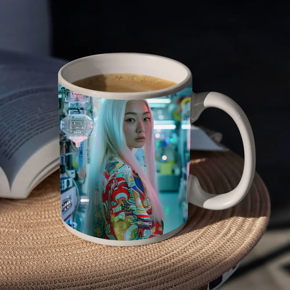 Asian Woman White Hair Cyberpunk Lab Setting – Mugs