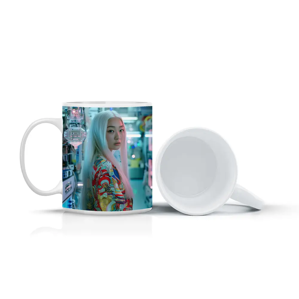 Asian Woman White Hair Cyberpunk Lab Setting – Mugs