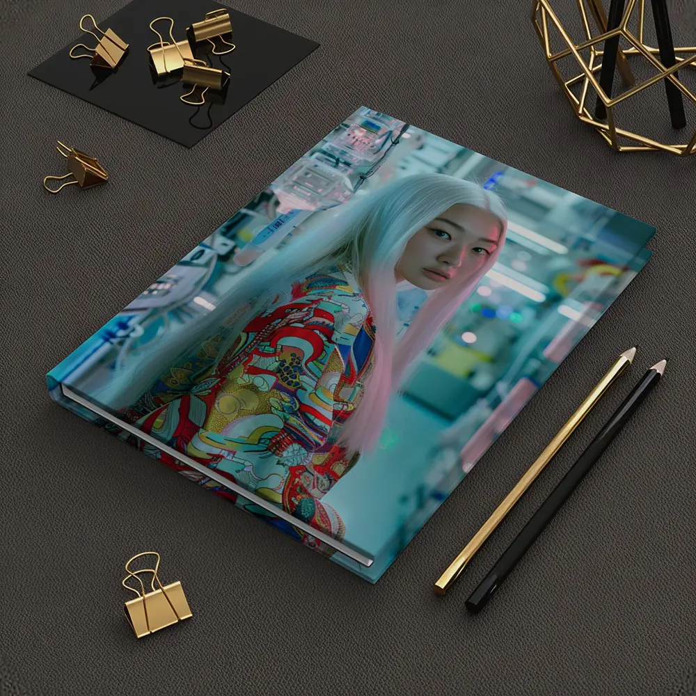 Asian Woman White Hair Cyberpunk Lab Setting – Notebooks