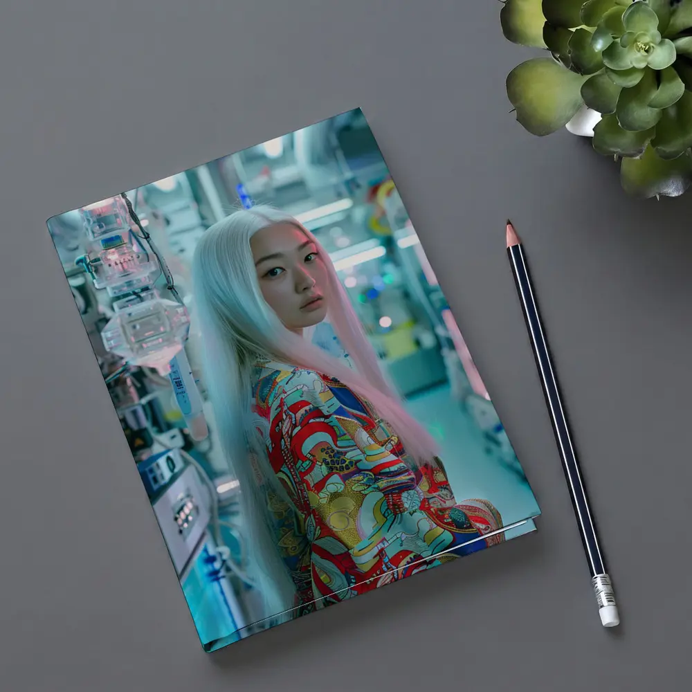 Asian Woman White Hair Cyberpunk Lab Setting – Notebooks