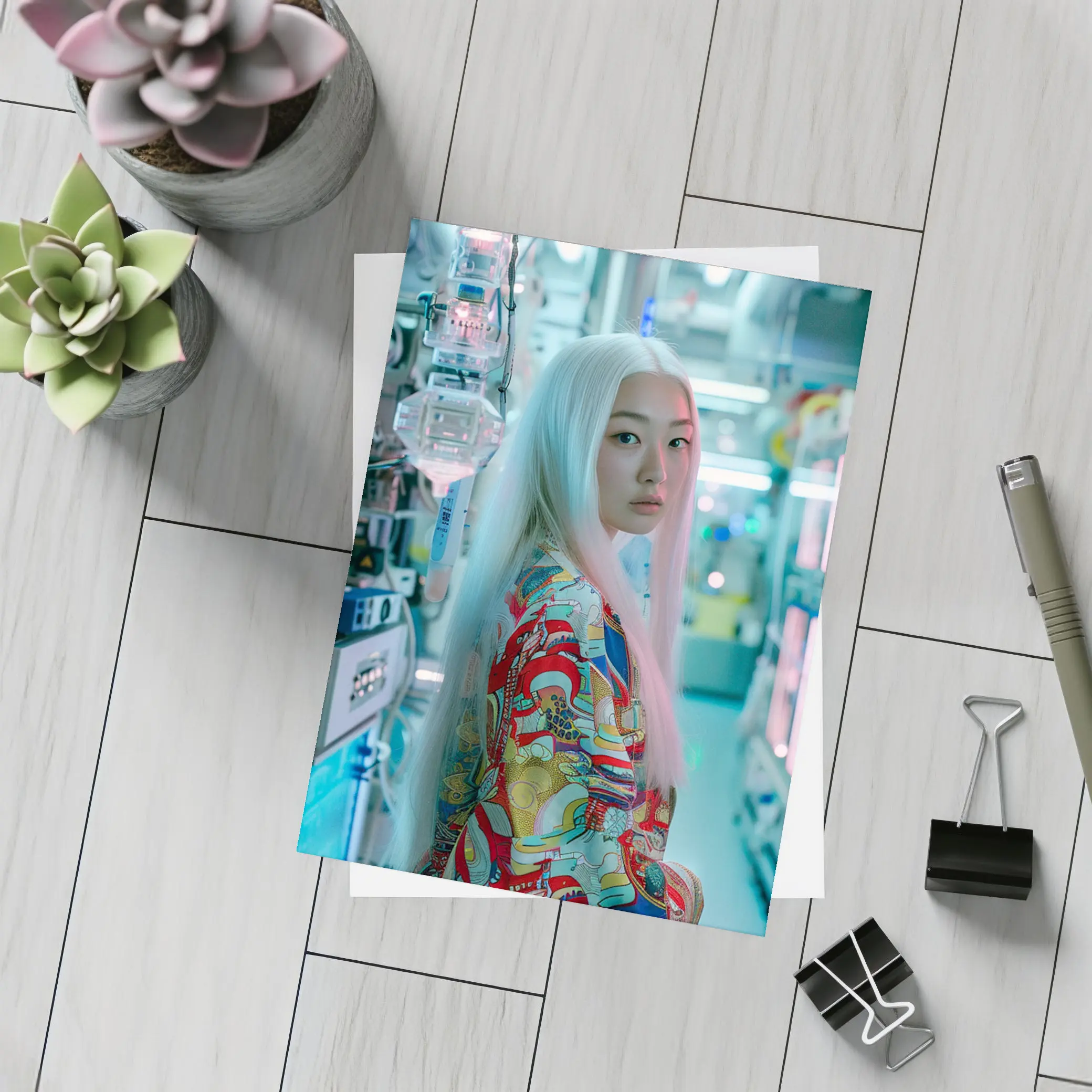 Asian Woman White Hair Cyberpunk Lab Setting – Postcards
