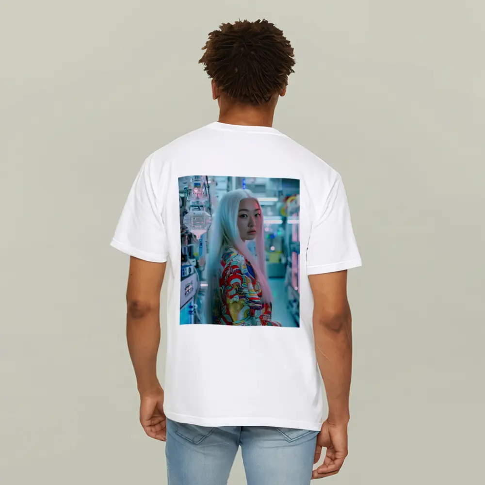 Asian Woman White Hair Cyberpunk Lab Setting – T-Shirts