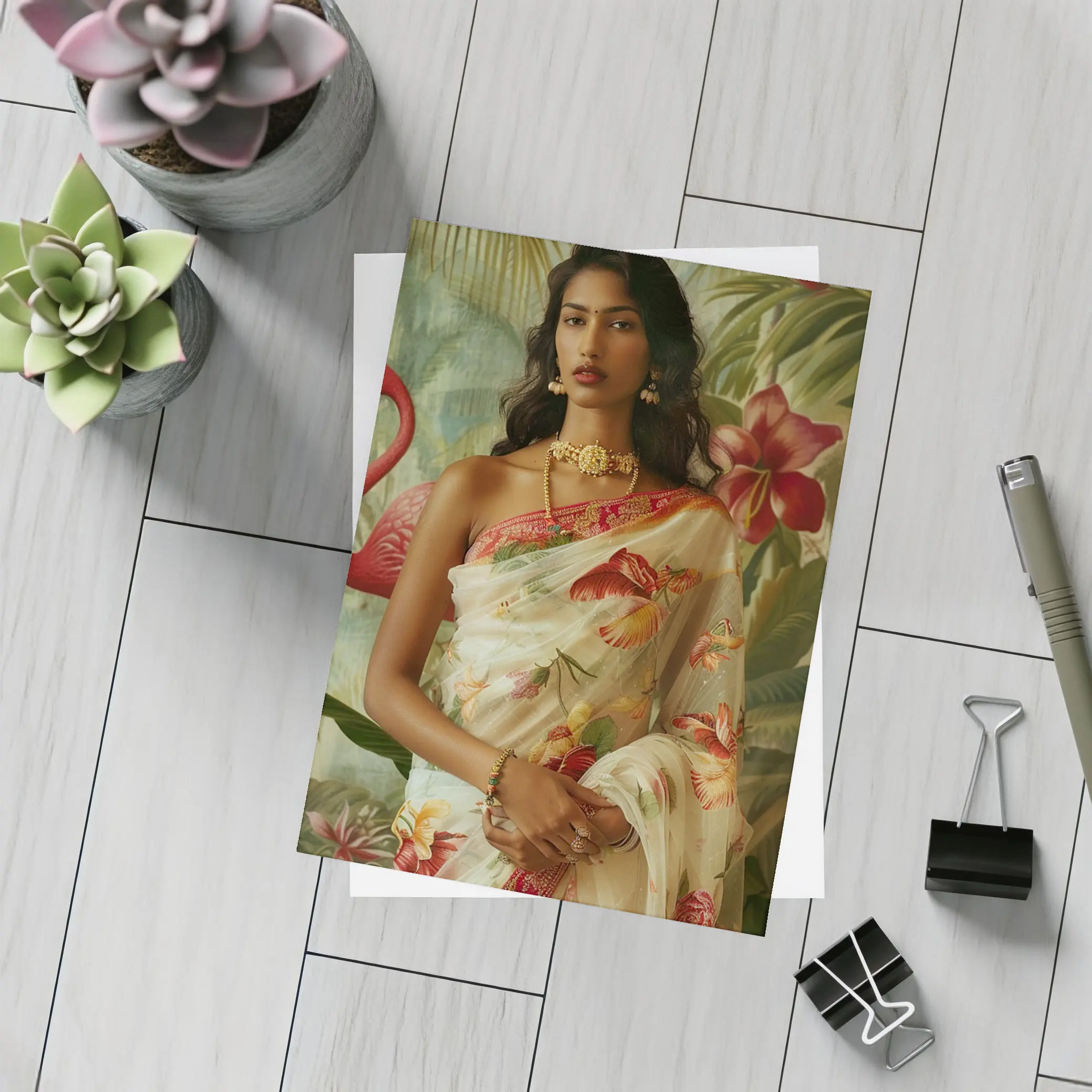 Indian Woman Floral Saree Tropical Garden – Postcards