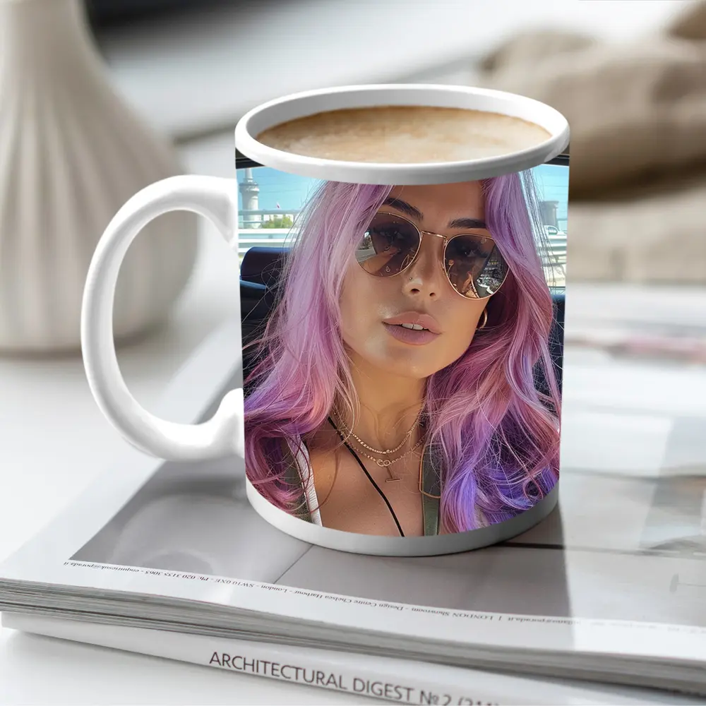Pink Haired Woman Selfie In Car – Mugs
