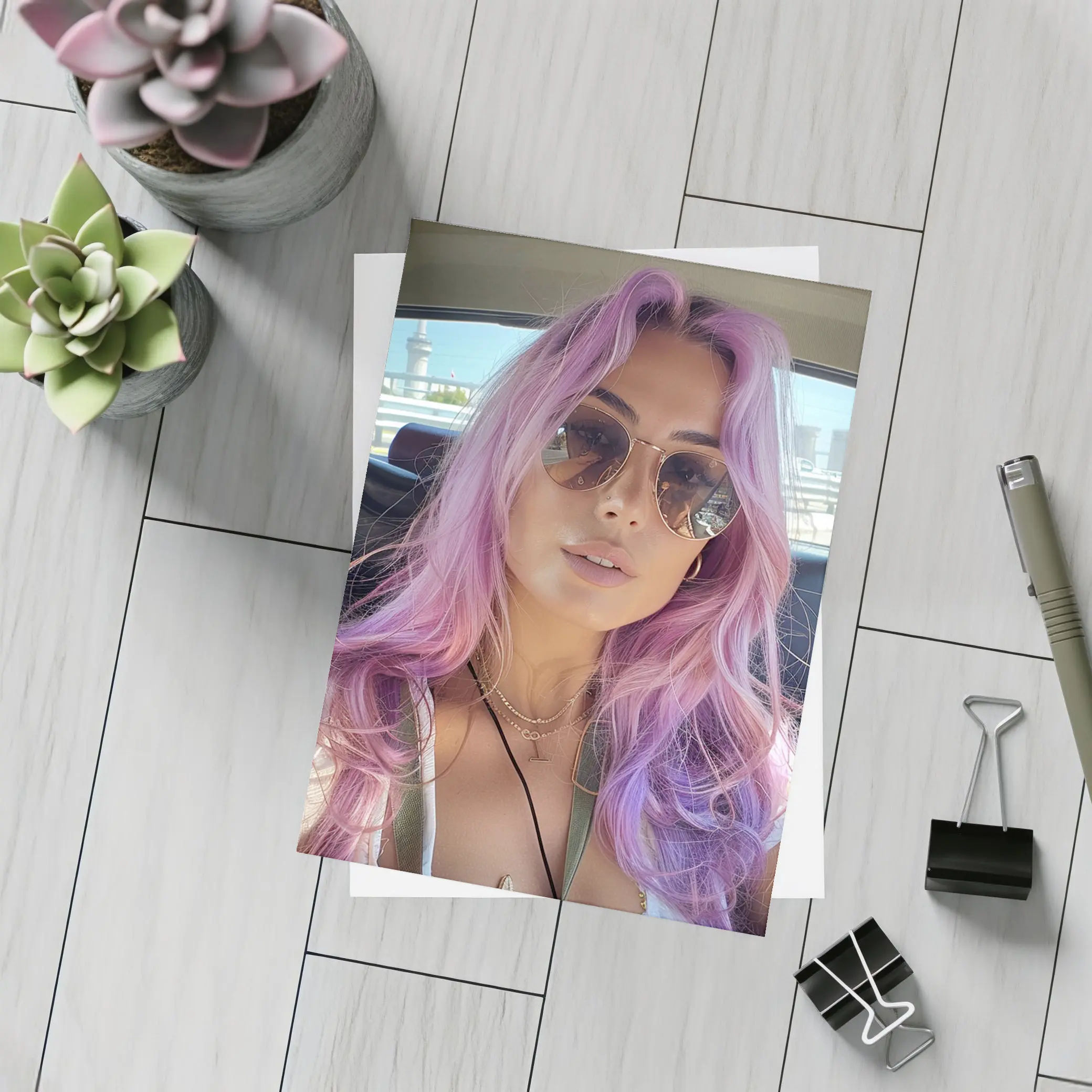 Pink Haired Woman Selfie In Car – Postcards