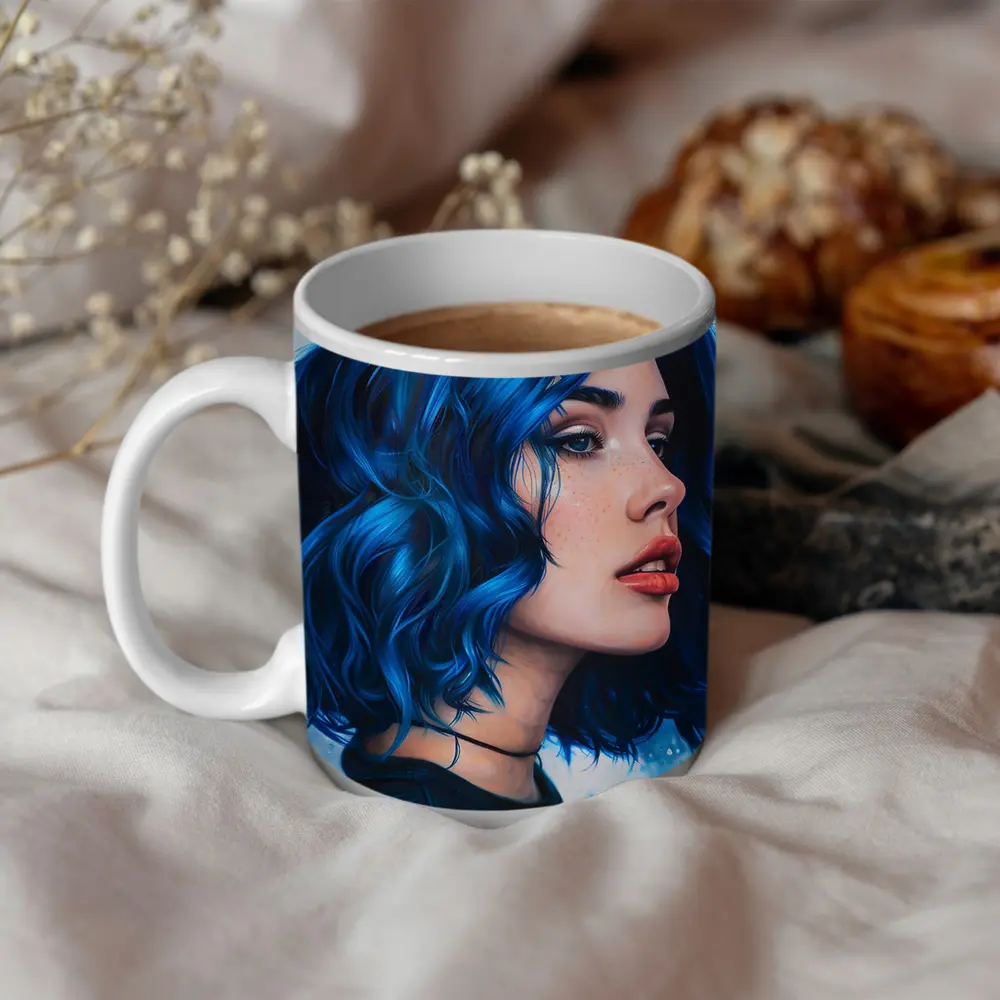 Blue Hair Woman Portrait Painting Art – Mugs