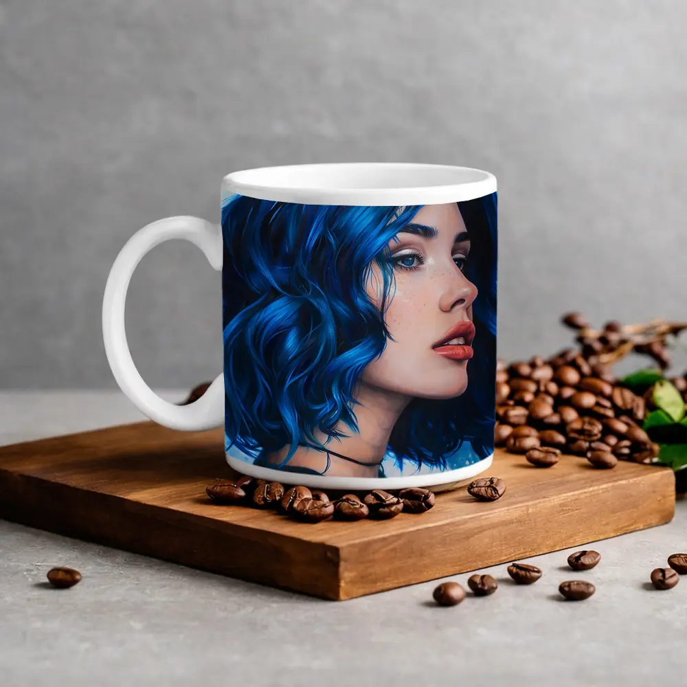 Blue Hair Woman Portrait Painting Art – Mugs