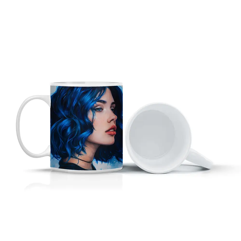 Blue Hair Woman Portrait Painting Art – Mugs