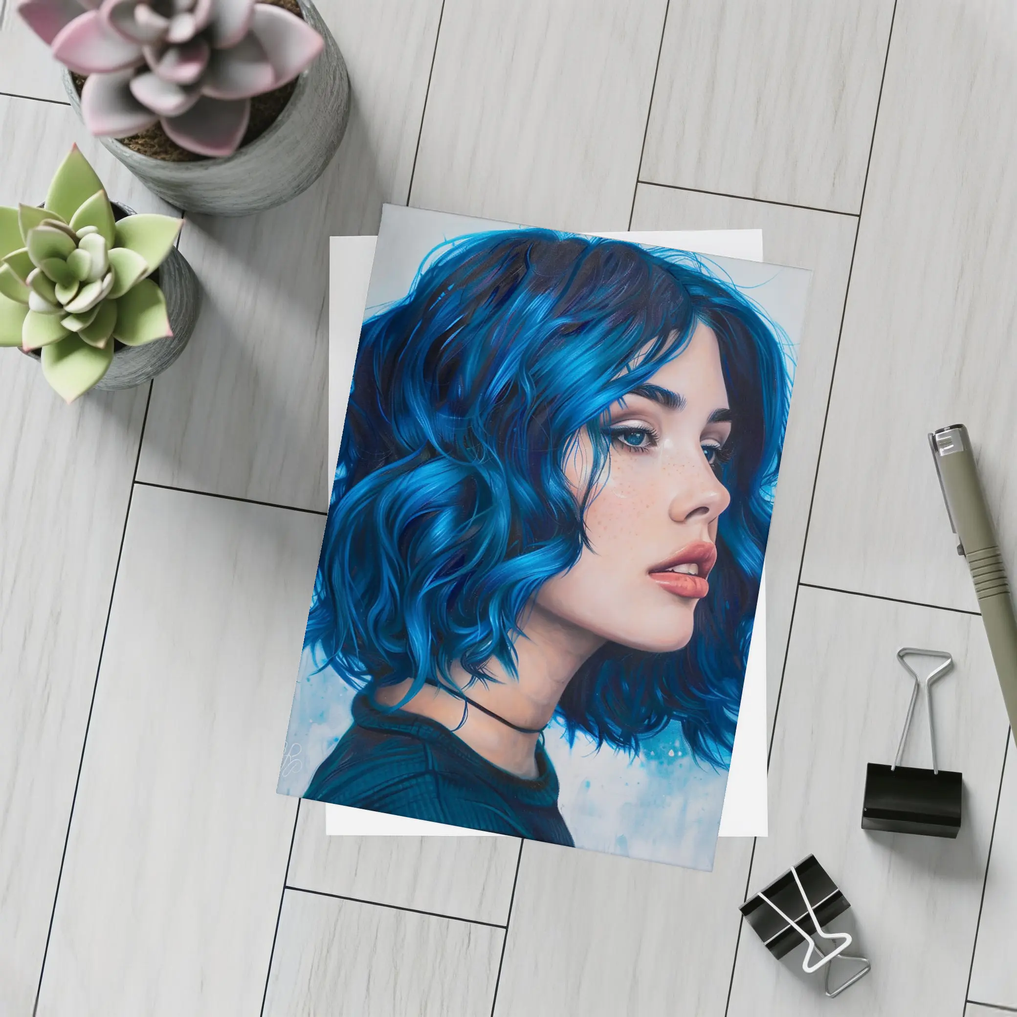 Blue Hair Woman Portrait Painting Art – Postcards