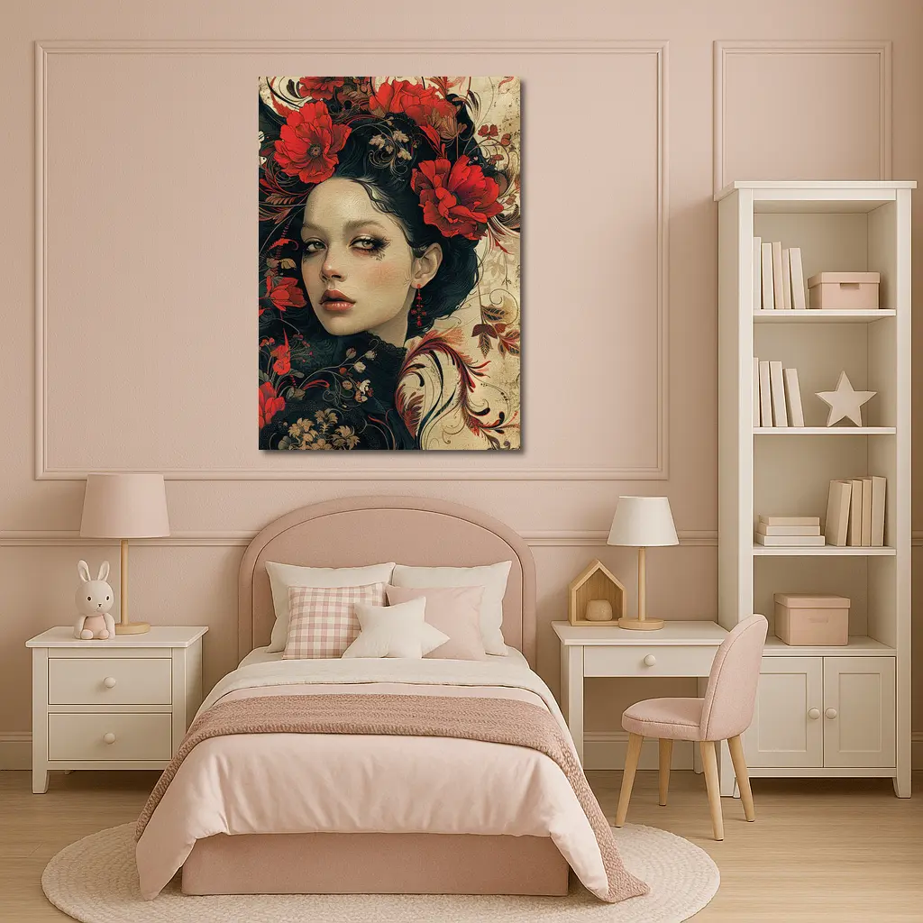 Dark Floral Woman Portrait Red Poppies Art – Wall Art