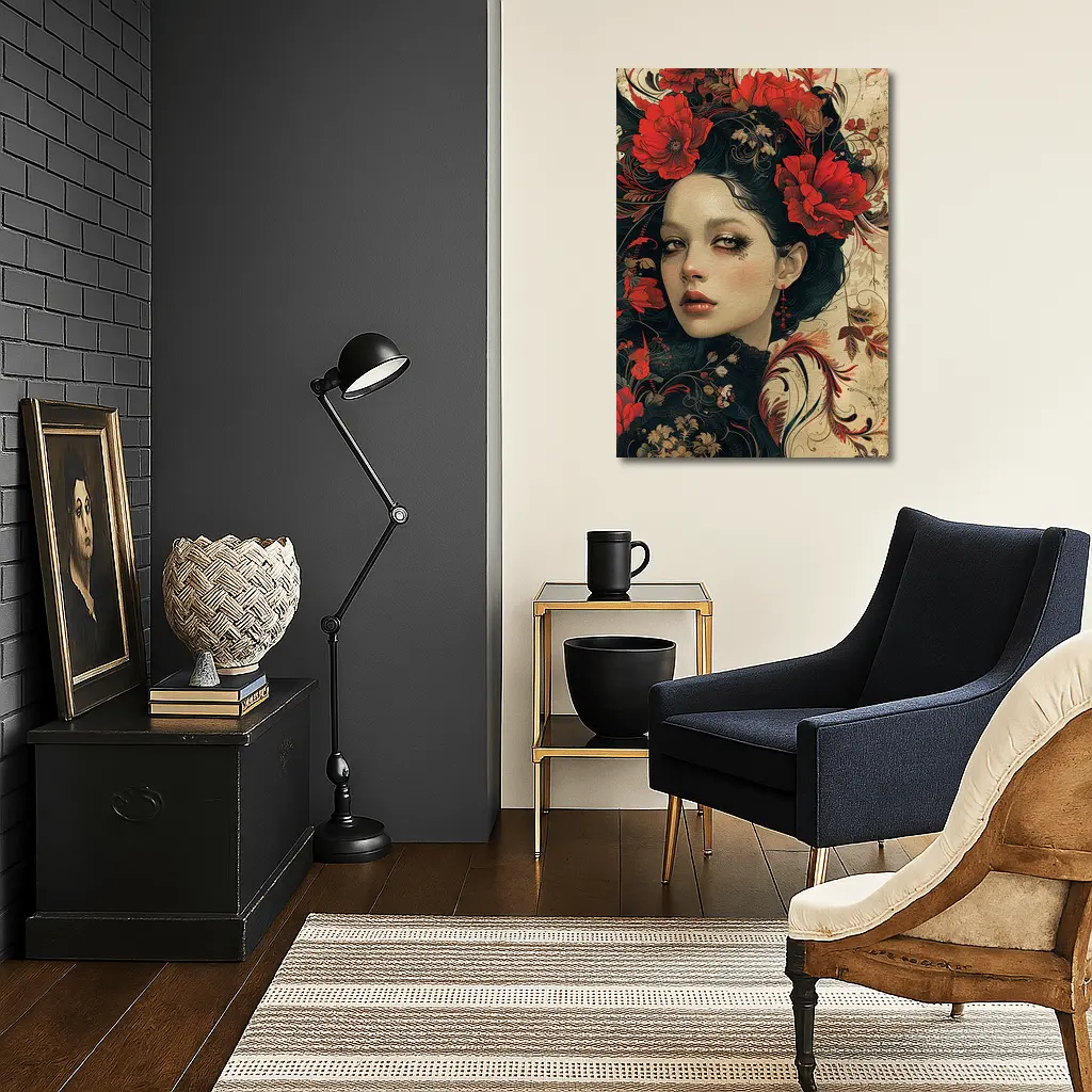 Dark Floral Woman Portrait Red Poppies Art – Wall Art