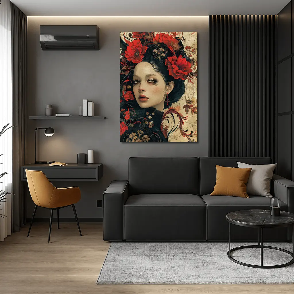 Dark Floral Woman Portrait Red Poppies Art – Wall Art
