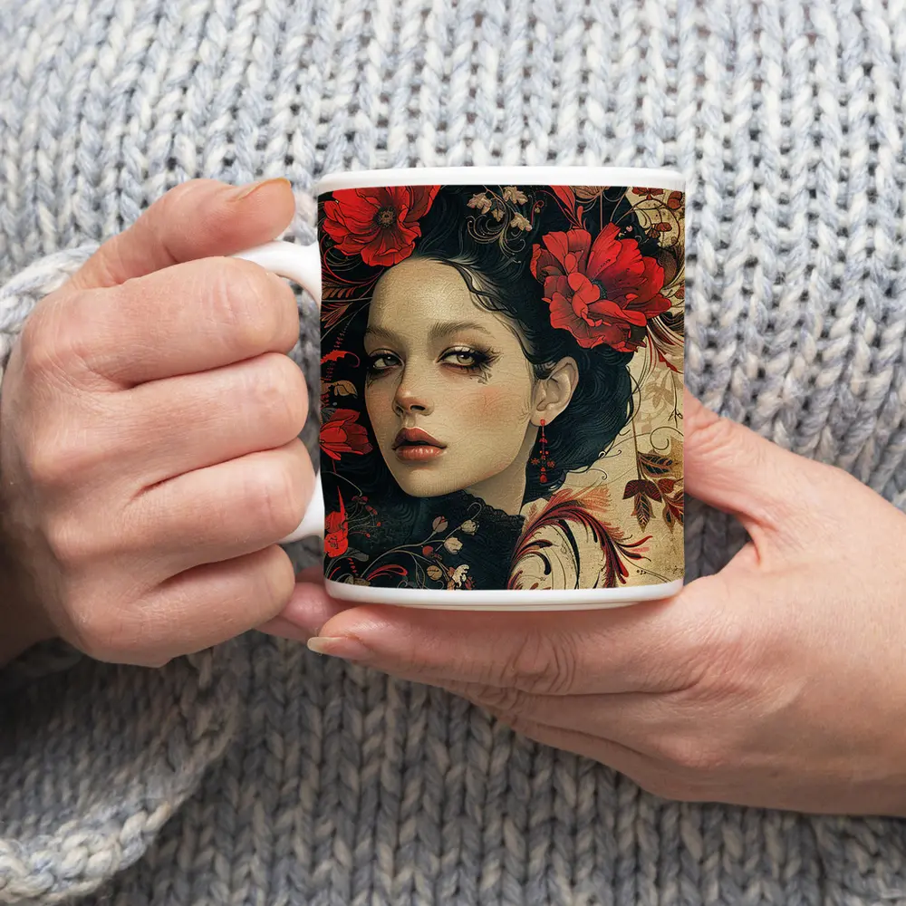 Dark Floral Woman Portrait Red Poppies Art – Mugs