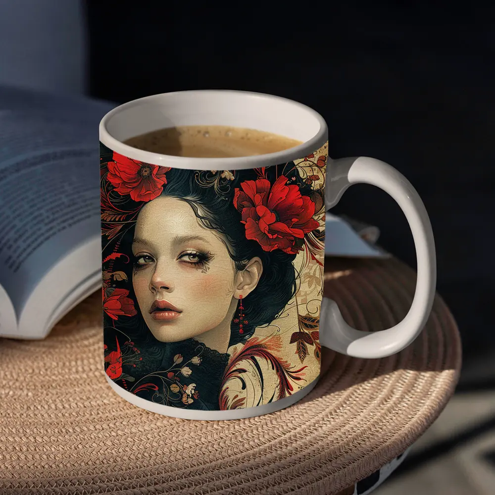 Dark Floral Woman Portrait Red Poppies Art – Mugs