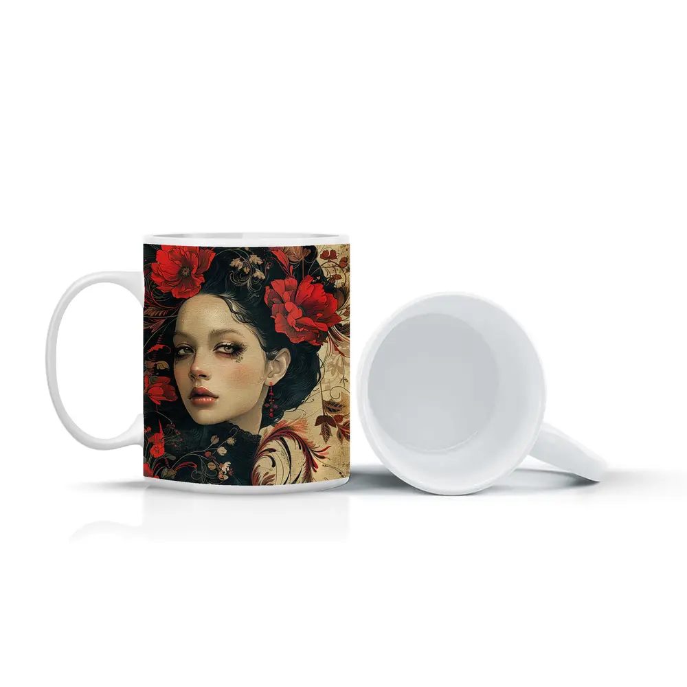 Dark Floral Woman Portrait Red Poppies Art – Mugs