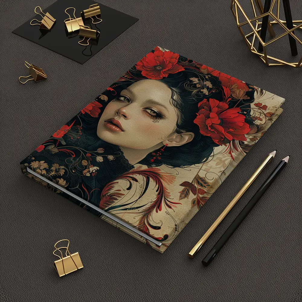 Dark Floral Woman Portrait Red Poppies Art – Notebooks