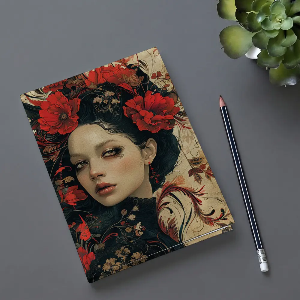 Dark Floral Woman Portrait Red Poppies Art – Notebooks
