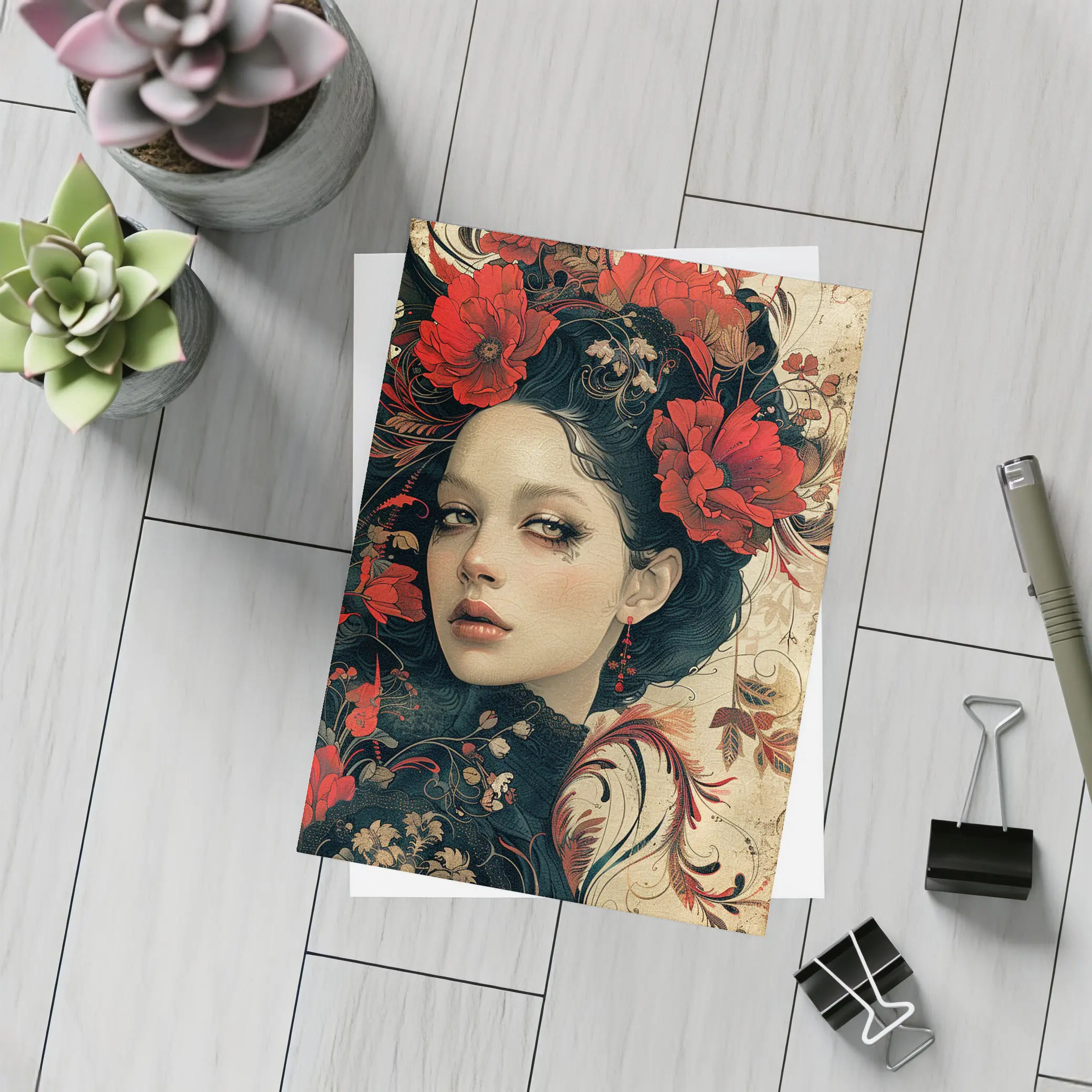 Dark Floral Woman Portrait Red Poppies Art – Postcards