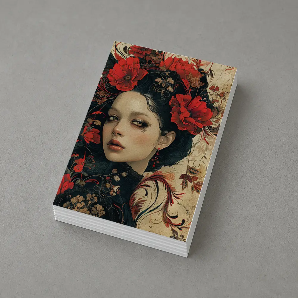 Dark Floral Woman Portrait Red Poppies Art – Postcards