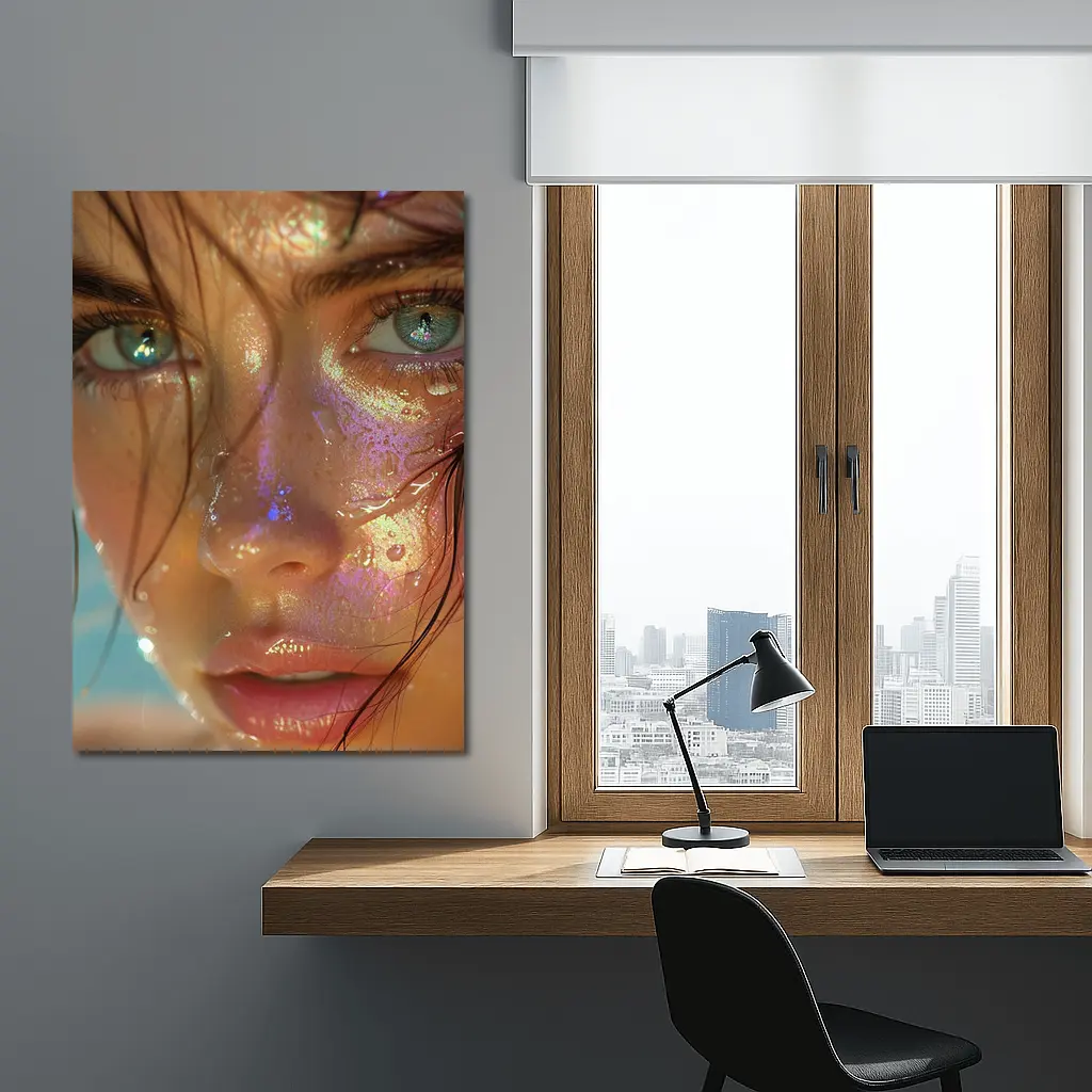 Close Up Woman Face Iridescent Glitter Drops – Wall Art