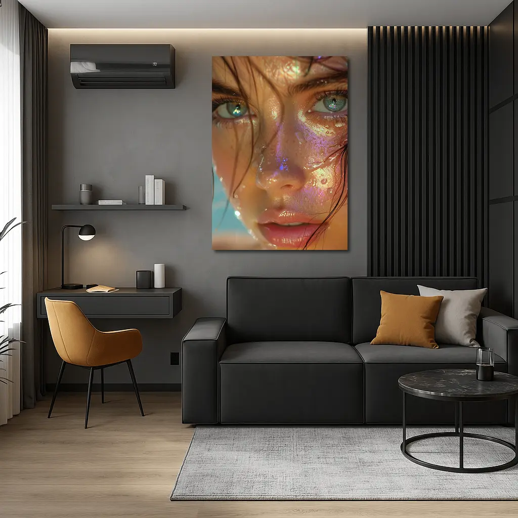 Close Up Woman Face Iridescent Glitter Drops – Wall Art